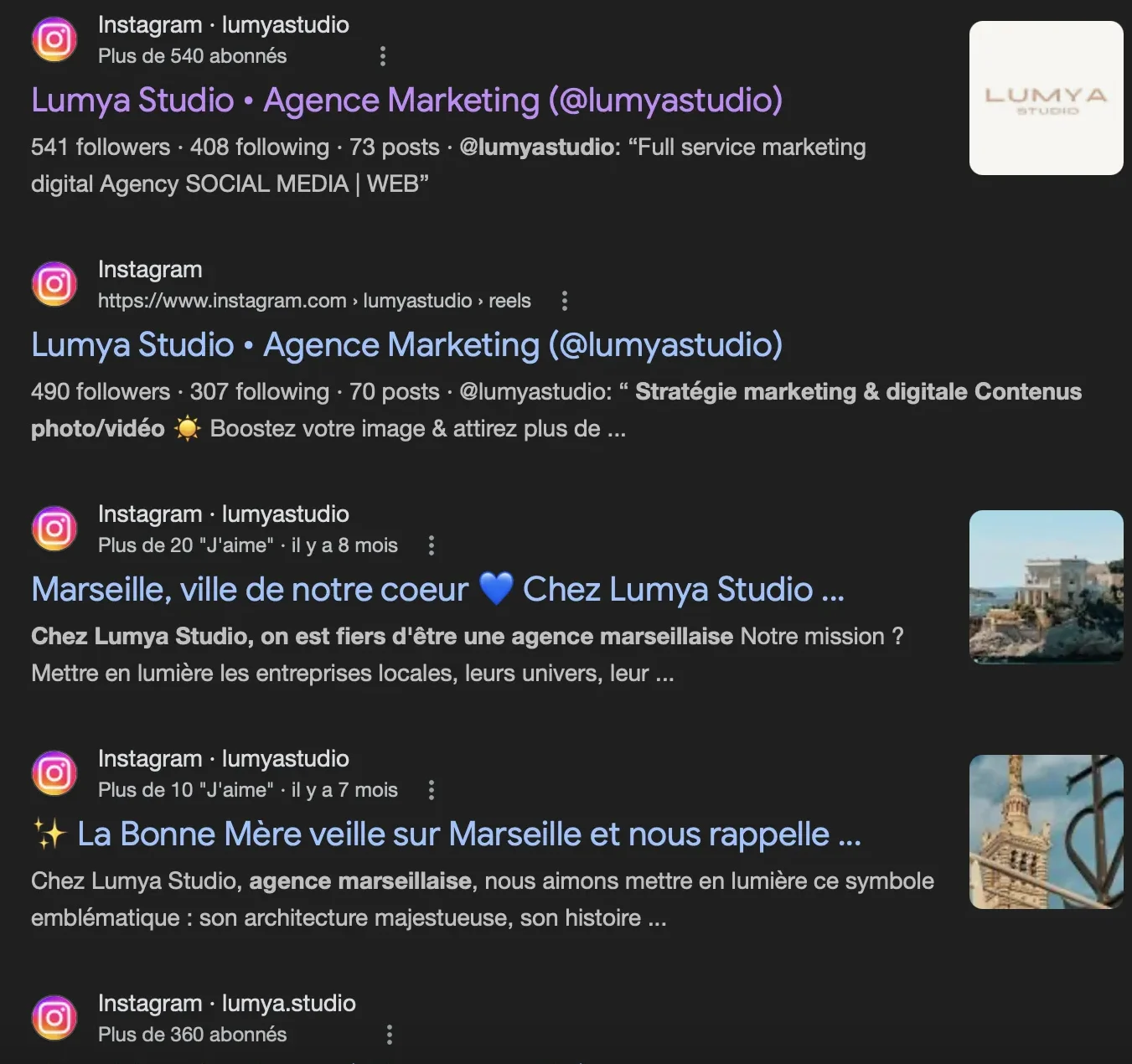 Exemple d’Instagram apparaissant dans les résultats Google pour une recherche locale resultats google instagram marseille seo local profil entreprise lumya studio